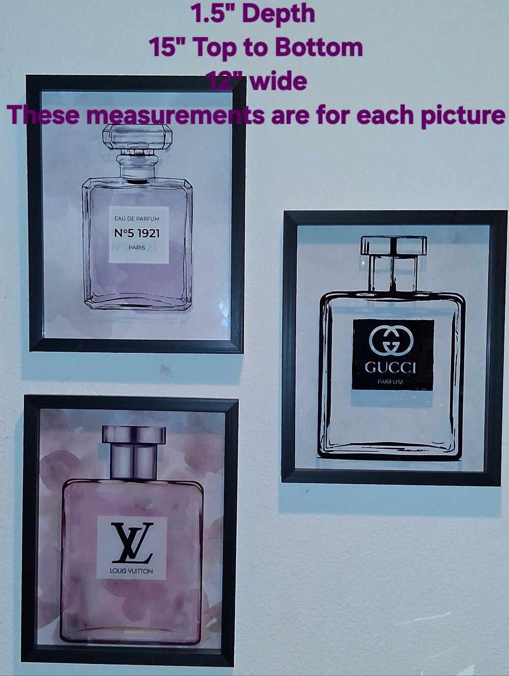 New Art LV,CC,GG 3-D Glass Black Shadow Box 3 Pics Desinger Perfume Bottles HTF